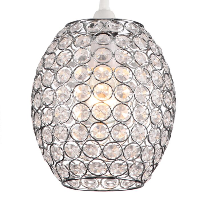 Oval Pendant Light Shade Clear Jewels with Silver Wire and Chrome Frame.