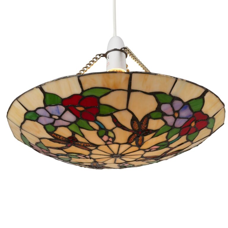 35cm Dia' Tiffany Dragonfly Uplighter with beautiful Red and Lilac Flowers