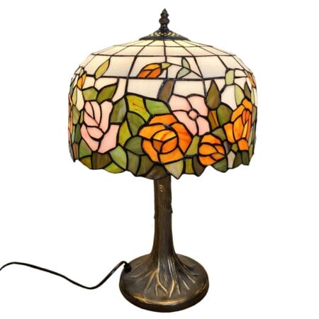 Tiffany Style Table Lamp, 49cm Height, Orange Rose Floral Design, Antique Aluminium Base