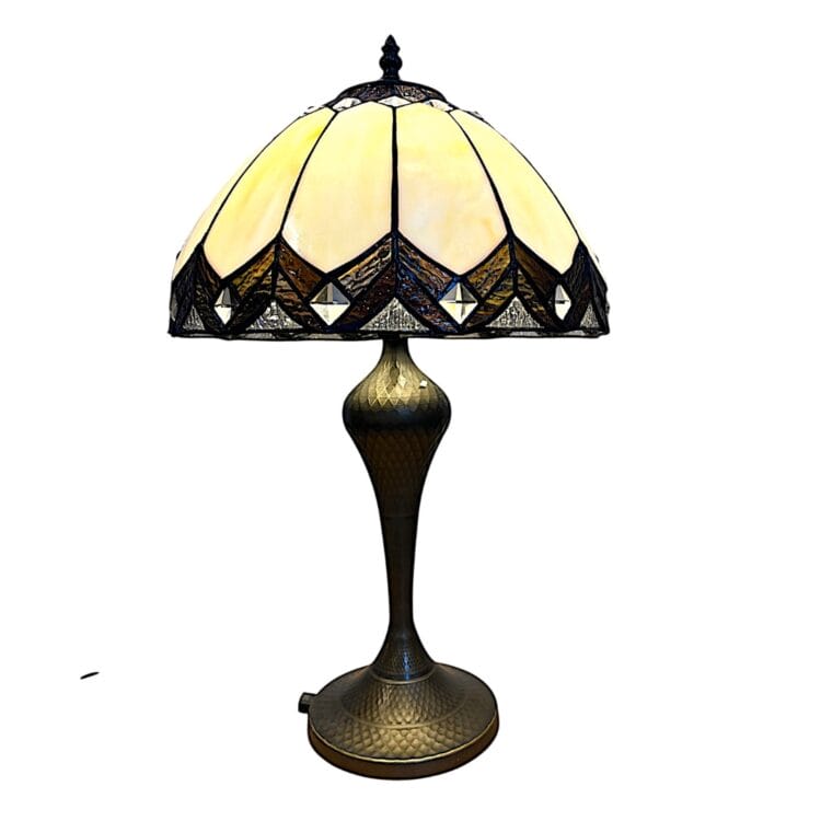 Loxton Lighting Tiffany Style Table Lamp, 30 cm Diameter Beige Glass Shade, 51.5 cm Height, Antique Bronze Base