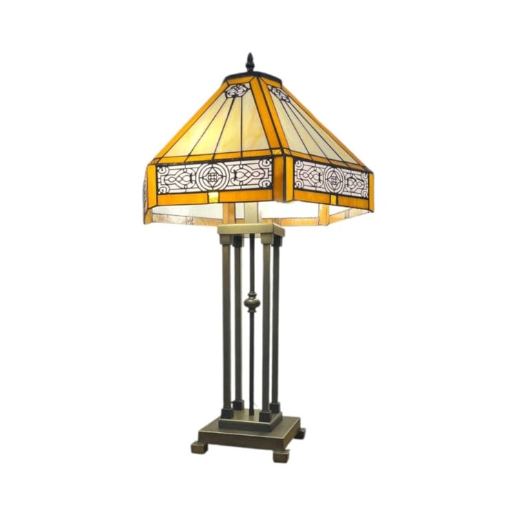 Tiffany Style Table Lamp, 65 cm Height, 41 cm Hexagonal Shade, Art Deco Oriental Design, Antique Bronze Base