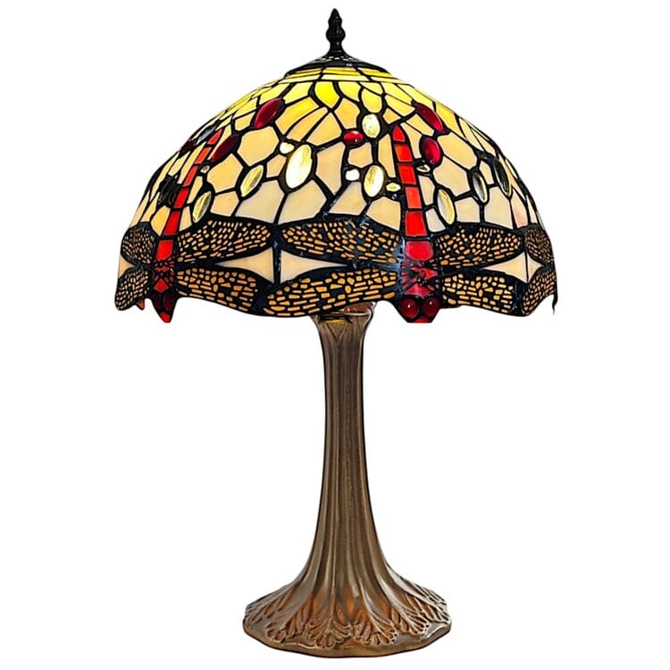 Tiffany Style Table Lamp, Dragonfly Design, 49 cm Height, Cream and Red Stained Glass Shade, Antique Base