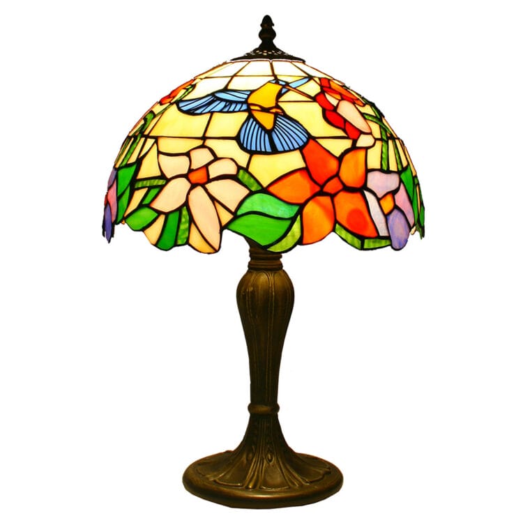 Tiffany Style Table Lamp, 30cm Dia’ Tiffany Hummingbird Flower Table Lamp, Antique Bronze Baes